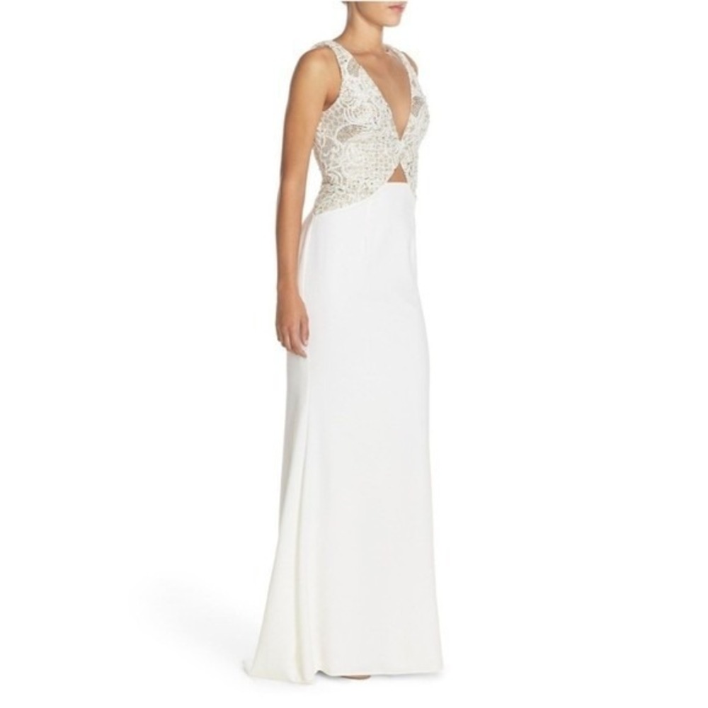 Terani Couture Whte Nude Beaded Lace Cutout-Top Embellished Gown Sz2 NWT